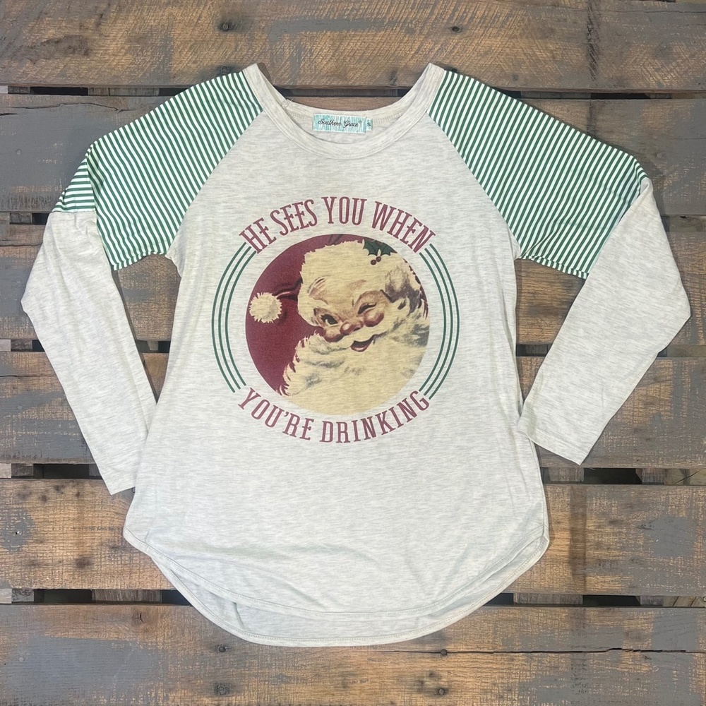 EUC [Southern Grace] Green Striped Funny Santa Holiday Christmas Tee | Small - Picture 11 of 12